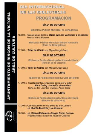 Rincón de la Victoria celebra el Día Internacional de las Bibliotecas con presentaciones de libros, talleres, cuentacuentos y un escape room sonoro