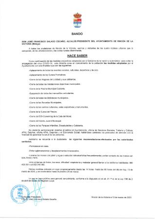 Nuevas medidas de prevención del Ayuntamiento de Rincón de la Victoria frente al Coronavirus COVID-19
