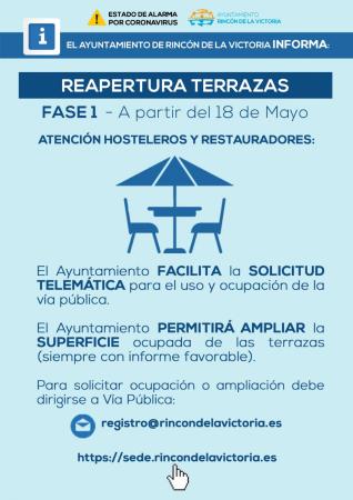 El Ayuntamiento de Rincón de la Victoria permitirá la ampliación de las terrazas a la hostelería y restauración con motivo del inicio de la Fase 1 de la desescalada