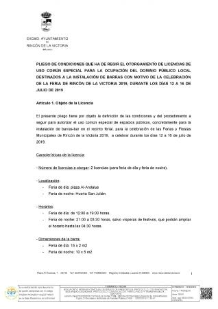 PLIEGO DE CONDICIONES PARA BARRAS FERIA RINCÓN DE LA VICTORIA 2019